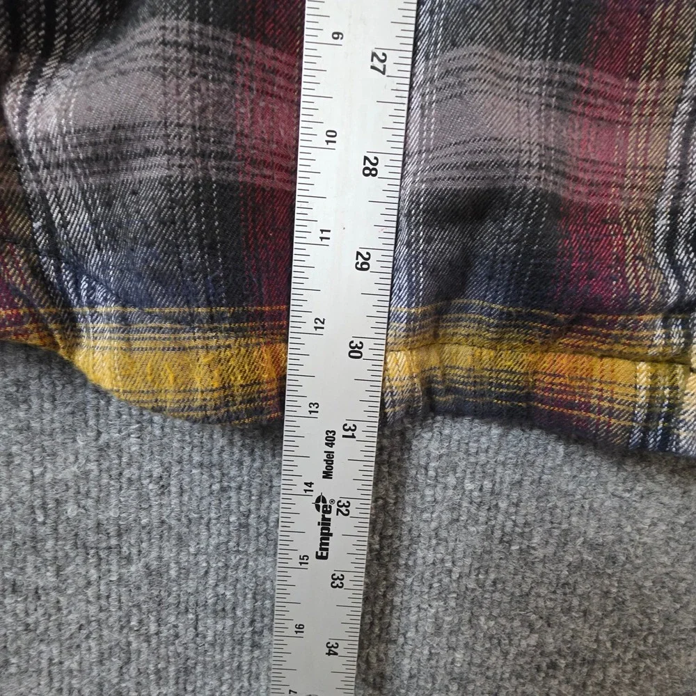 Prana Mens XL Plaid Flannel Shirt Jacket Thermal Lined Snap Front Purple Yellow